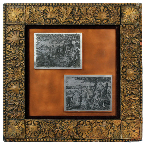 Due matrici in zinco incise raffiguranti scene di vita contadina, cm 14,5x19, prima metà XX secolo, entro un un'unica cornice