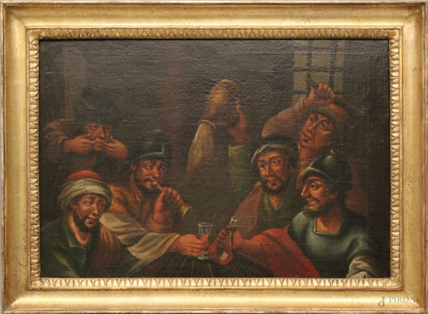 Pittore olandese del XVIII sec., Interno di osteria, olio su tela, cm 39,5x56,5, entro cornice.