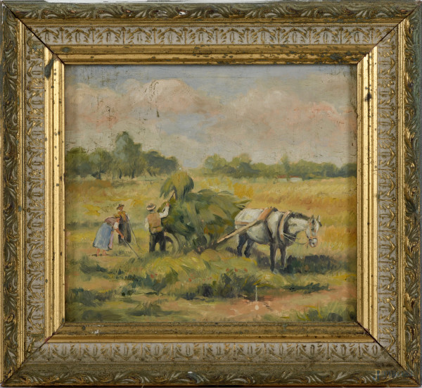 La raccolta del fieno, XX secolo, olio su compensato, cm 17,5x19,5, entro cornice, (difetti)