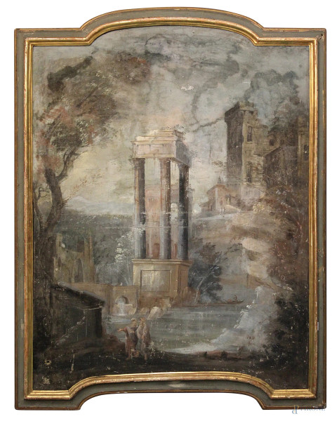 Paesaggio con architetture, tempera su tela 170x128 cm di linea sagomata, entro cornice, scuola bolognese fine'600.