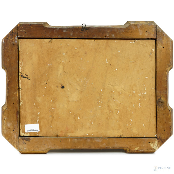 Natura morta con anguria, uva e pesche, olio su cartone, firmato, cm 40x55, entro cornice