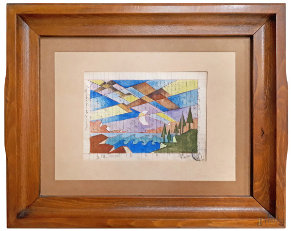Vittorio Caproni Futuraerei, aeropittura a tecnica mista su carta, cm 15x21, titolo firma e timbro dell’Artista, con cornice