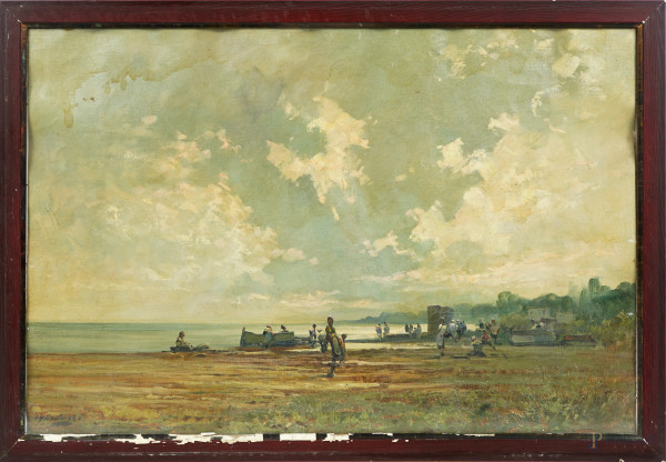 Bordighera, olio su tela, cm 43,5x63, firmato in basso a sinistra "C. Gheduzzi", entro cornice. (Difetti e ondulazioni della tela)