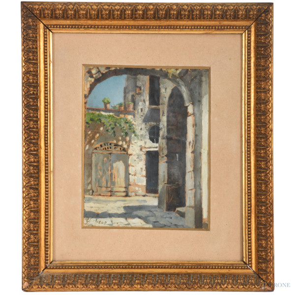 Scorcio di cortile, XIX secolo, olio su cartoncino, cm 35x30, siglato e datato 1860 in basso a sinistra, entro cornice, (ondulazione e rottura del supporto)