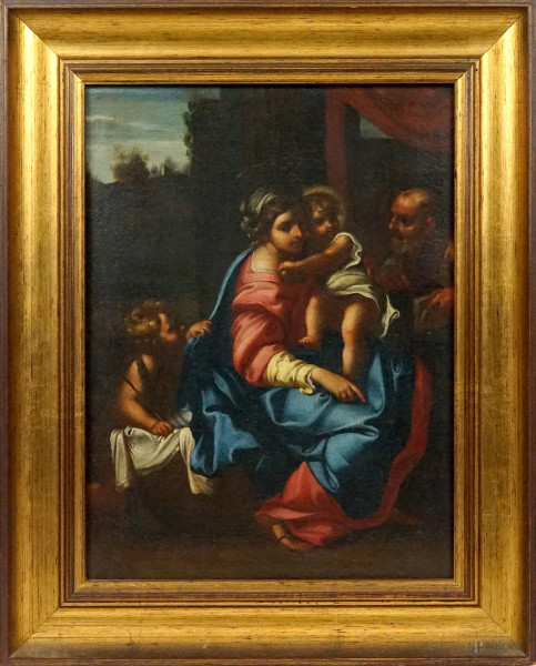 Seguace Annibale Carracci (1560-1609),  Sacra Famiglia con S.Giovannino,  olio su tela, cm 37,5x28, XVII secolo, entro cornice