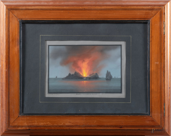 Nuovo Vulcano in Sicilia, XIX - XX secolo, gouache su carta, cm 36,5x50 compreso passepartout, entro cornice, (segni di usura, tracce di umidità, difetti, ondulazioni della carta)