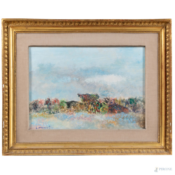 Giovanni Omiccioli (1901 - 1975),  Passoscuro, tecnica mista su cartone, cm 37x51, firmato in basso a sinistra, titolato, dedicato, firmato e datato "1972" al retro,  entro cornice