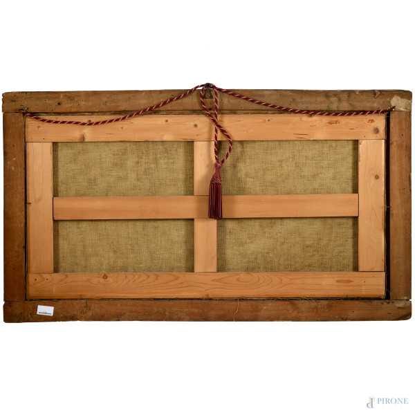 Scuola Romana del XVIII secolo, Paesaggio con architetture e rovine, olio su tela, cm 63,5x126 en...