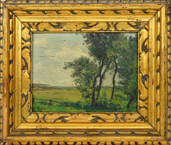 Luigi Petrassi - Paesaggio con alberi, olio su cartone, cm 14,5x19,5, entro cornice