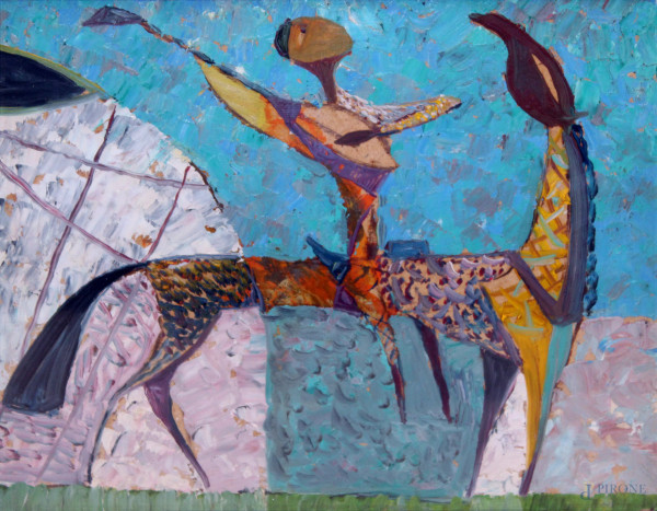 Figure a cavallo, olio su masonite, 24x19 cm, entro cornice firmato sul retro