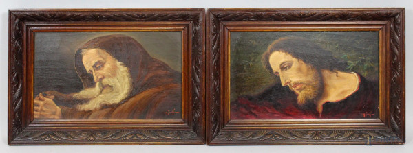 Coppia dipinti raffiguranti Cristo e frate, olio su tavoletta, cm. 24,5x41,5, firmati G. Scotti, entro cornici.