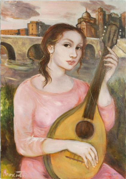 Roberta Correnti - Ragazza con chitarra, dipinto ad olio su tela, cm 50 x 35.