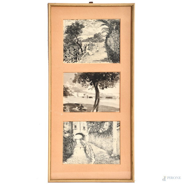 Tre scorci di paesaggio entro unica cornice, tecnica mista su carta, XX secolo, misure totali compreso passepartout cm 56x26, (segni di rottura del supporto)