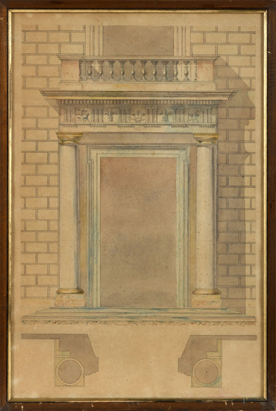 Stampa con prospetto di palazzo, XIX-XX secolo, cm 57x36,5, entro cornice, (segni di umidità)