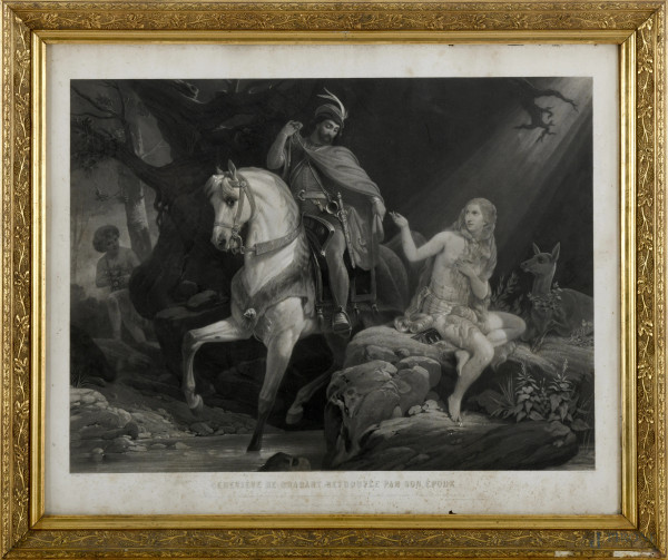 Geneviève de Brabant retrouvée par son épour, incisione su carta, cm 63x76, entro cornice, (difetti, gore e tracce di umidità)