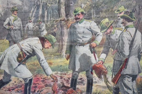 Lotto di sei prime pagine "La Domenica del Corriere", anni 1913-1937-1938, cm 38x28, entro cornic...