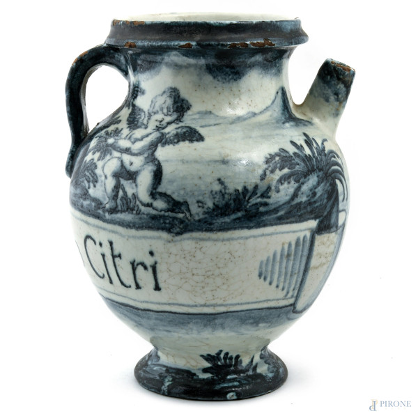 Versatoio da farmacia "Syr Acido Citri" decorato nei toni del blu, XX secolo, altezza cm 25, (difetti, scalfiture, cadute di smalto stannifero)