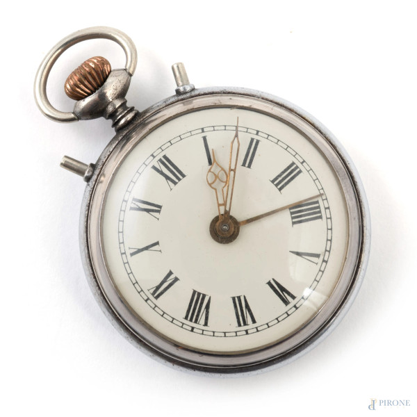 Orologio da tasca con cassa in metallo argentato, XX secolo, diametro cassa cm 5, (segni si usura, da revisionare)