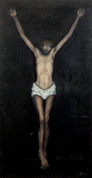 Mario Russo - Cristo crocifisso, olio su masonite, cm 121x63, (difetti).