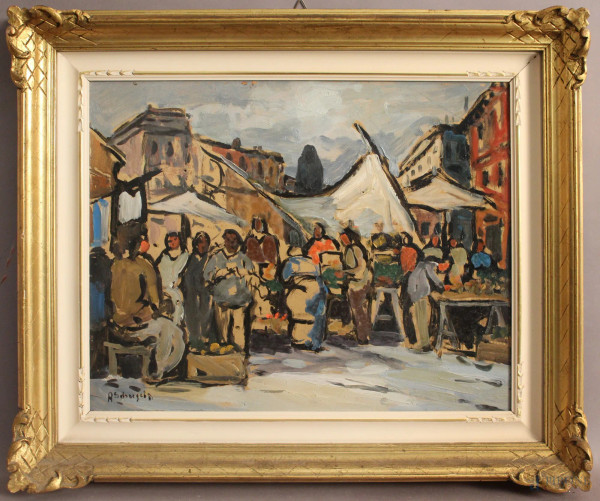 Mercato di Campo de Fiori, Roma, olio su cartone pressato firmato A. Sdruscia, anni &#39;60, cm 55 x 65, entro cornice.