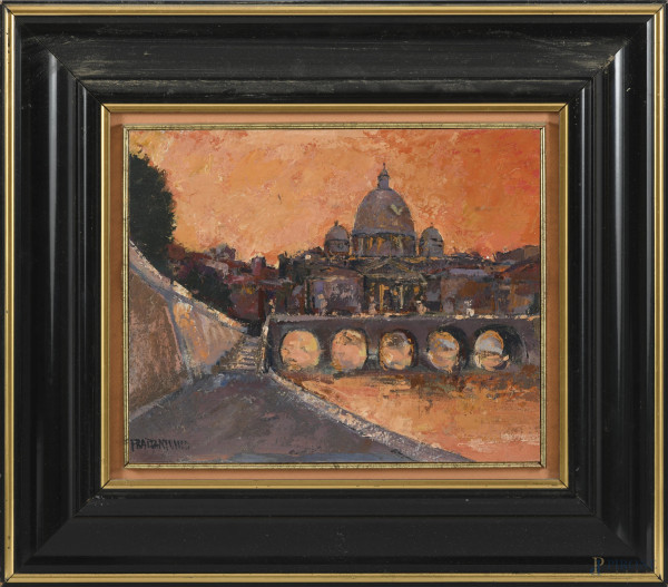 Lungotevere, XX secolo, olio su compensato, cm 23,5x28,5, firmato in basso a sinistra, entro cornice