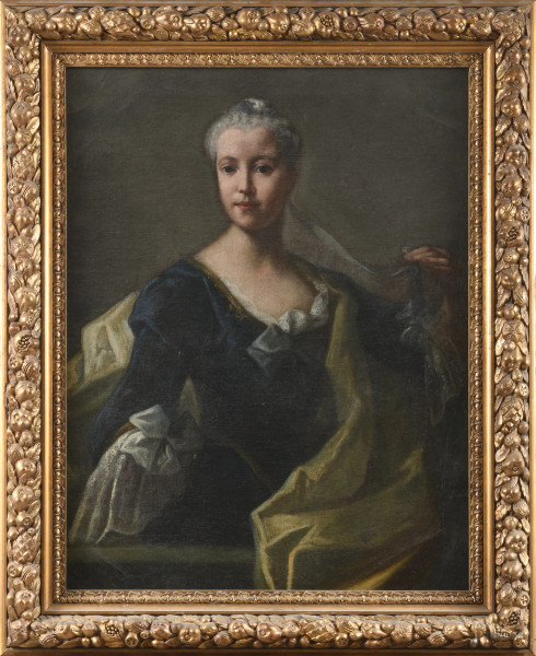Ritratto di nobildonna, XIX secolo, olio su tela, cm 86,5x66,5, entro cornice, (lacerazione, restauri)