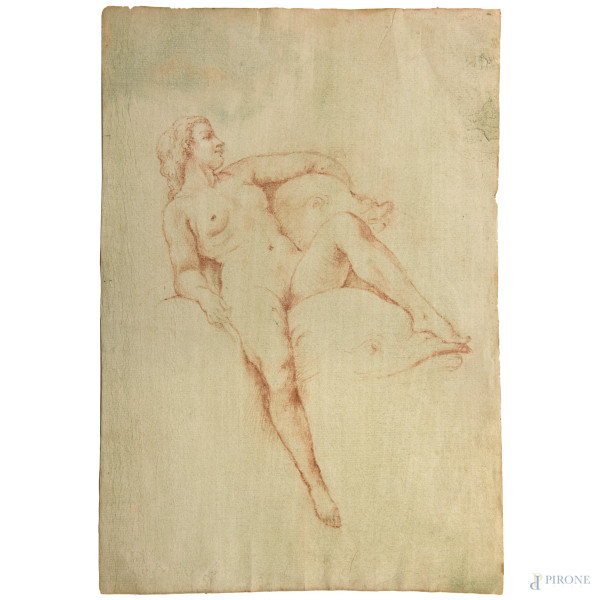 Nudo di donna disteso su delfini, inchiostro bruno su carta, XIX secolo, cm 32x22, (ondulazione della carta, usura del tempo)