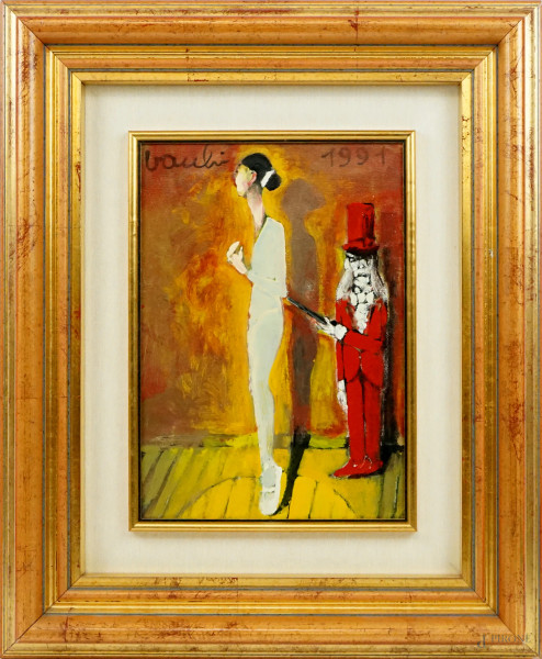 Sergio Vacchi - La ballerina ed il suo sponsor, olio su tela, cm 35x25, 1991, entro cornice.