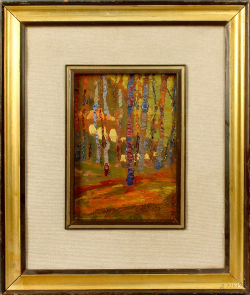 Scorcio di bosco, olio su legno, cm. 20x15, firmato entro cornice.