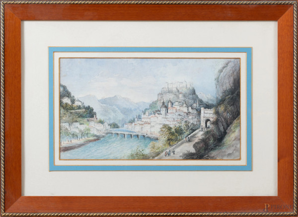 Scorcio di paese con fiume, XX secolo, tecnica mista su carta, cm 29,5x43,5 compreso passepartout, entro cornice, (lievi tracce di umidità)