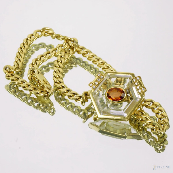 Collana in oro giallo 18 KT con ciondolo in cristallo, topazio e brillantini, peso gr.25,6