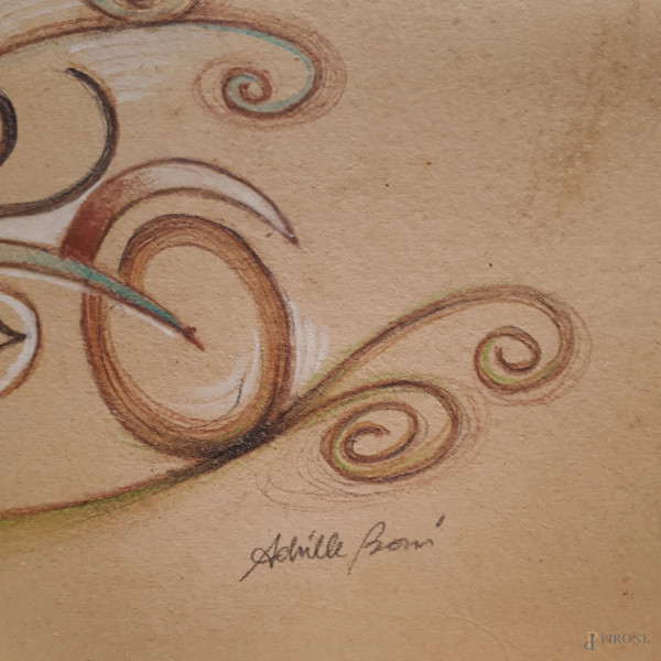 Achille Boni (XX sec.) Velociclo, tecnica mista su cartone, cm 18x23,5, firmato