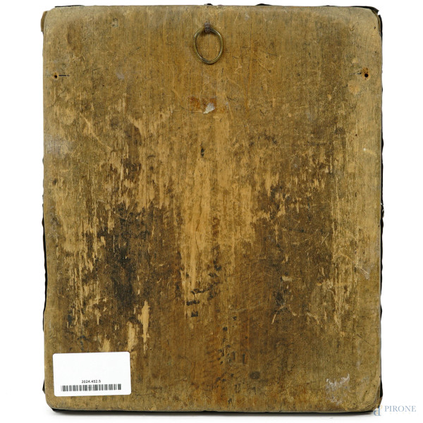 Icona russa raffigurante quattro Santi con riza in metallo argentato cesellato e sbalzato, XIX se...