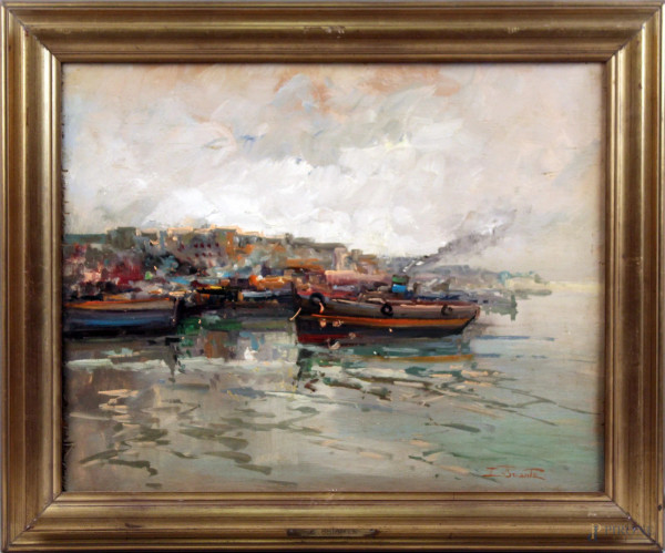 Costa con imbarcazioni, olio su tavola, cm. 40x50, firmato E. Briante.