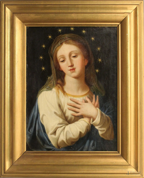 Madonna, olio su tela cm 28x40, XIX sec., entro cornice.