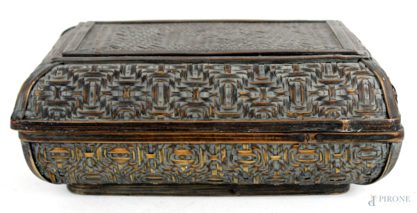 Scatola in legno e vimini, cm 13x30x20, arte orientale, XX secolo