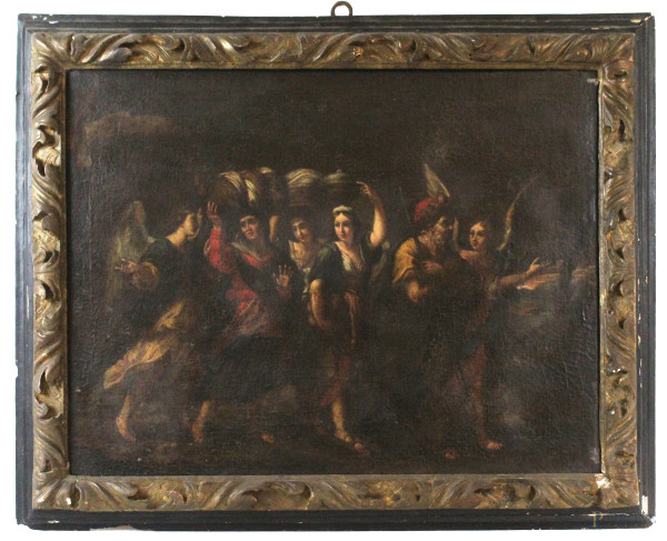 Pittore del XVII secolo, Lot in fuga da Sodoma, olio su tela, cm  49,5x63,5, entro cornice