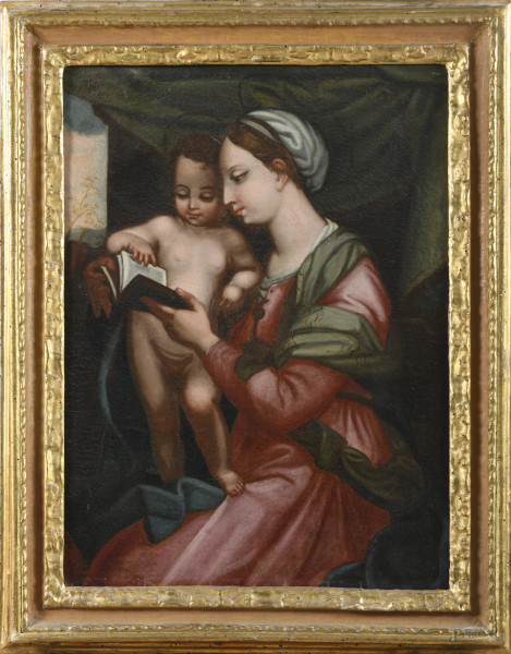 Madonna con Bambino, XVIII secolo, olio su tela, cm 64x49, entro cornice, (craquelure, sollevamenti e cadute di colore, difetti)
