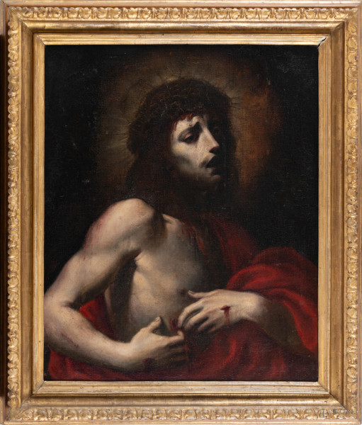 Pittore toscano del XVII secolo, Ecce Homo, olio su tela, cm 79x65, entro cornice, (lievi segni di usura, craquelure, piccoli sollevamenti e cadute di colore)