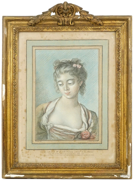 Ritratto di donna, multiplo a colori, cm 35,5x27, inventore F.Boucher (1703-1770), disegnatore L.Bonnet nel 1797, entro cornice, (difetti, macchie).