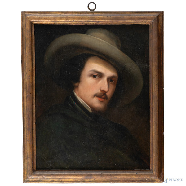 Ritratto d'uomo con cappello, XIX secolo, olio su tela, cm 53x42, entro cornice, (craquelure)