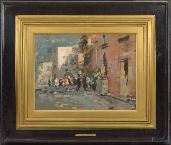 Ezelino Briante - Mercato, olio su compensato, cm 30,5x40, entro cornice.