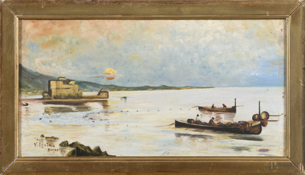 Pescatori, XX secolo, olio su compensato, cm 26x49, firmato in basso a sinistra, entro cornice, (segni di usura, difetti)