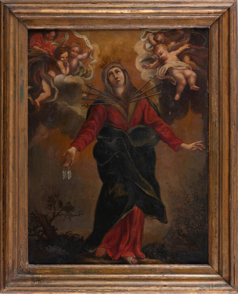 Madonna dei Sette Peccati, XVIII secolo, olio su tela, cm 64x47, entro cornice, (segni di usura, piccole cadute di colore, restauri, abrasioni)