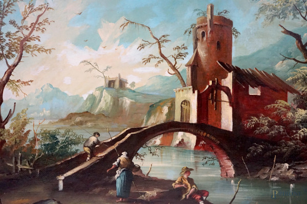 Pittore veneziano del XIX-XX secolo, quattro paesaggi con figure, olio su tela, cm 79,5x94, entro...
