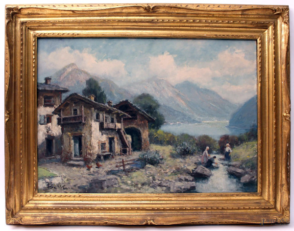 Paesaggio montano con case e figure, olio su tela, cm 50x70,  firmato, entro cornice.