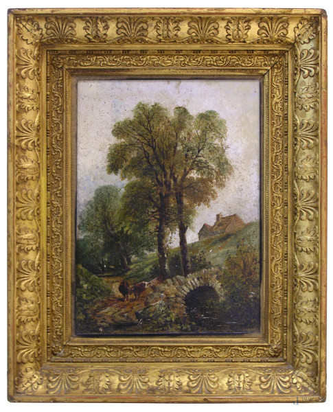 Charles Francois Daubigny (1817-1878) e Scuola di Barbizon, Paesaggio con alberi e armenti su ponticello, olio su tavola, cm 50x37, entro cornice.