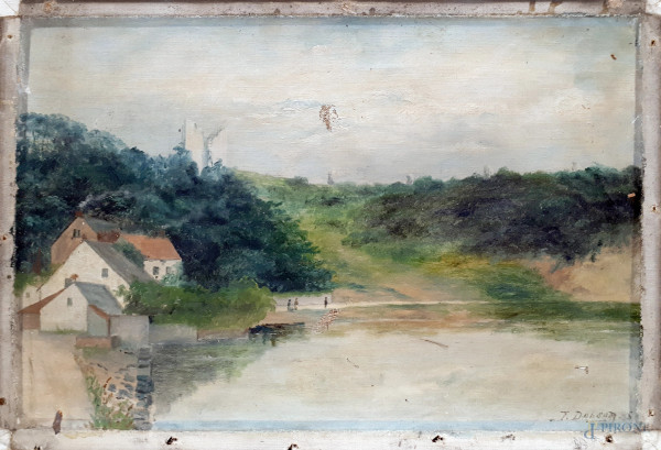 Artista dell’800, scena lacustre con case, olio su tela senza telaio, firmato e datato in basso a destra, cm 30x46