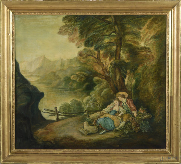 Scena galante, XX secolo, olio su tela, cm 77x87, entro cornice, (lieve craquelure)