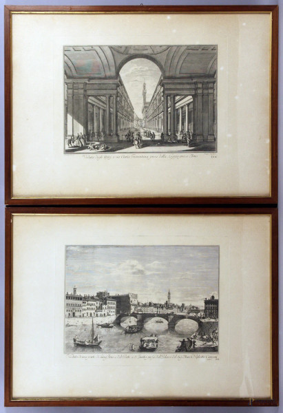 Coppia di antiche incisioni raffiguranti vedute di Firenze, cm 50x70, entro cornice.